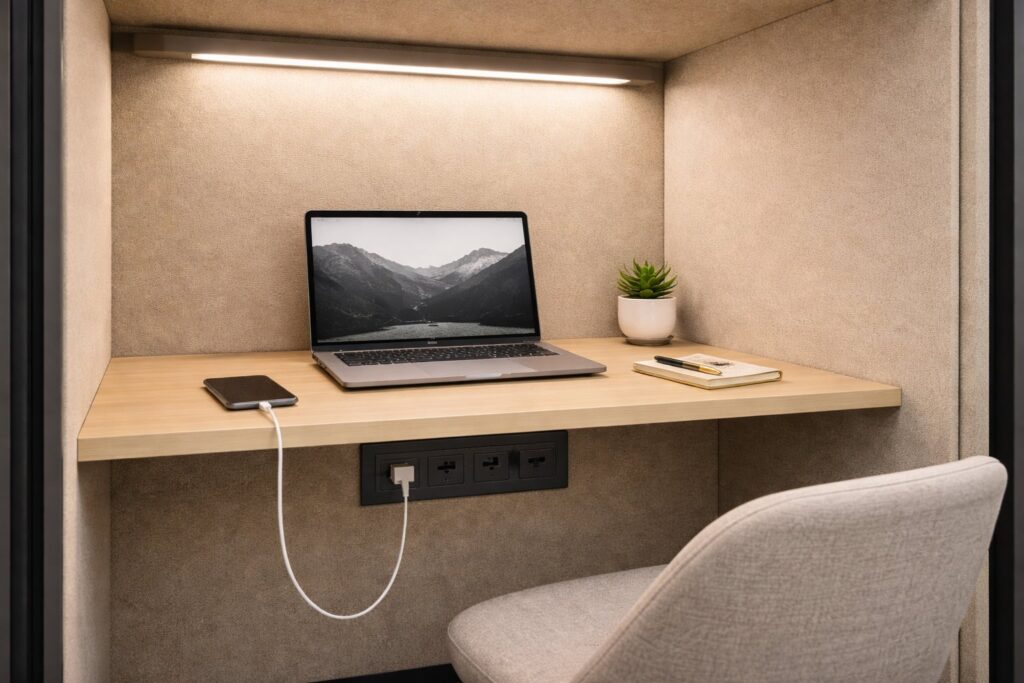 enclosed office pod with laptop, usp and power sockets