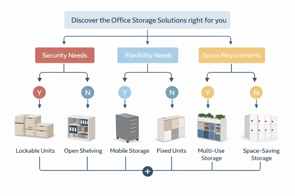 A flowchart guides users to office storage solutions based on security, flexibility, and space needs.