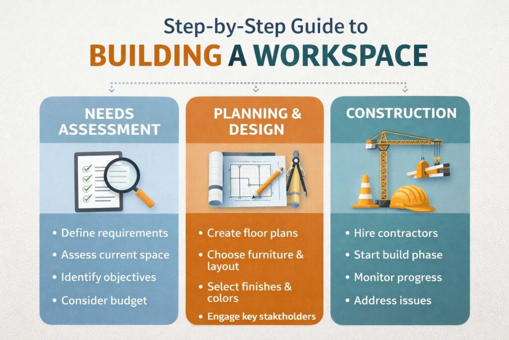 A step-by-step guide on building a workspace, covering needs assessment, planning, and construction.