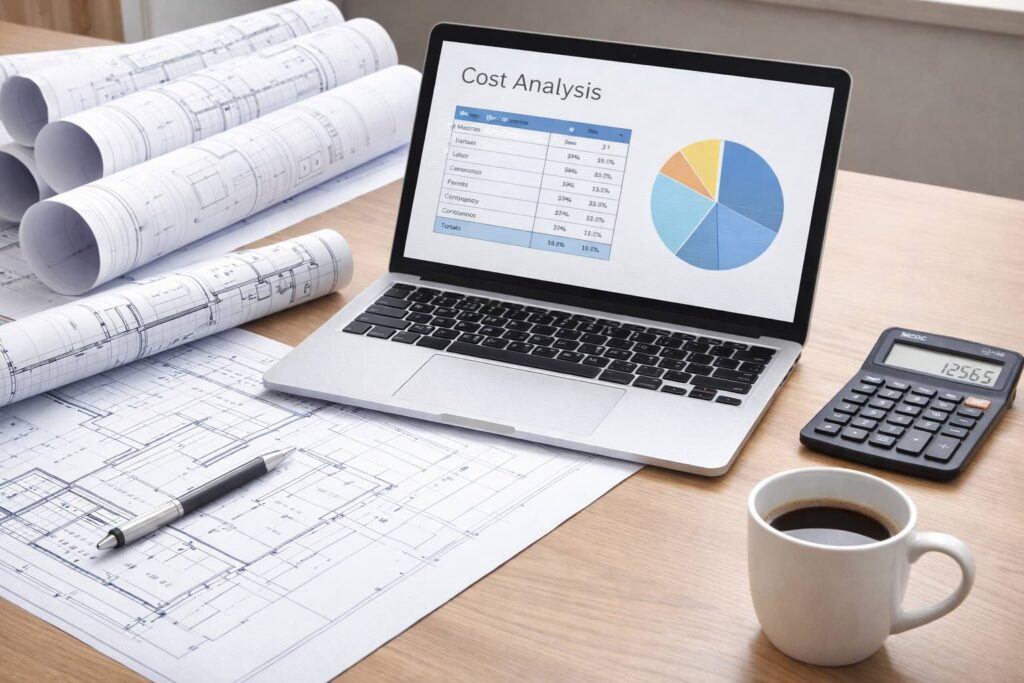An architect's desk with rolled blueprints, a laptop showing cost analysis, a calculator, and coffee.