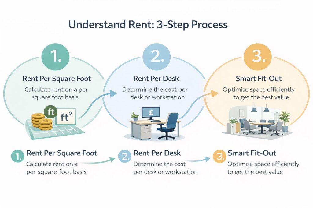 An infographic detailing a three-step process for understanding rent: per square foot, per desk, and smart fit-out.