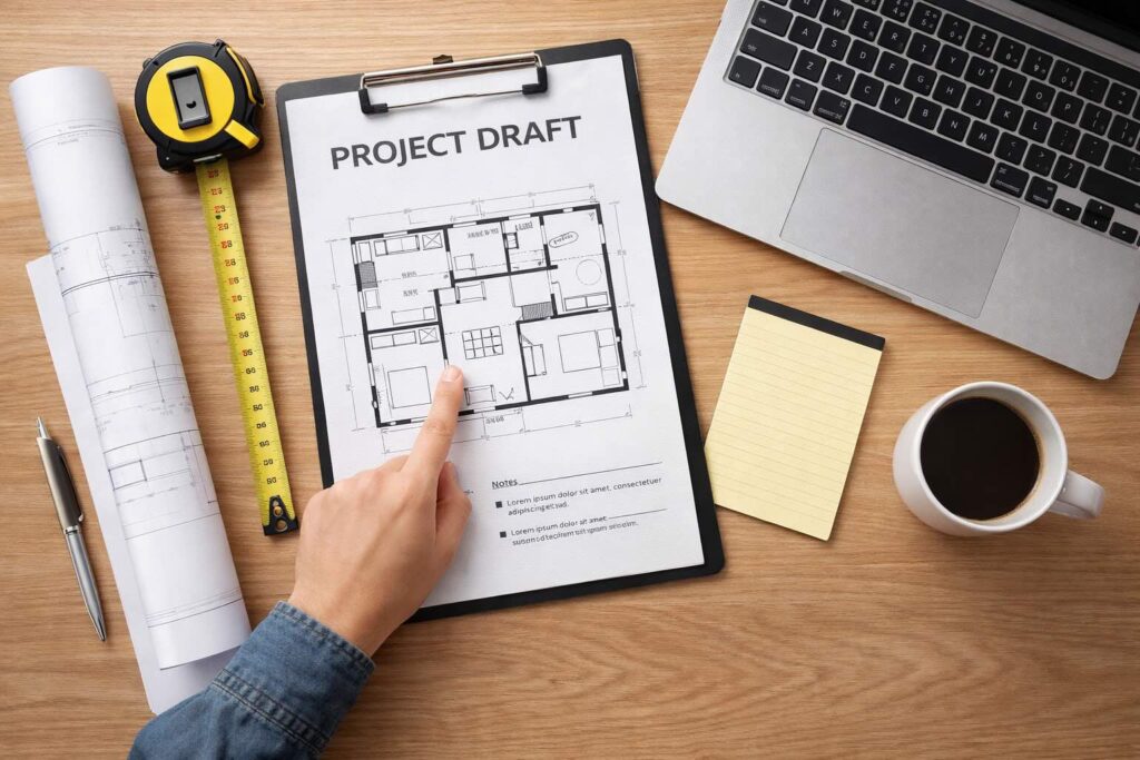 Overhead view of a workspace with a person pointing at a 'PROJECT DRAFT' document, measuring tape, and laptop.