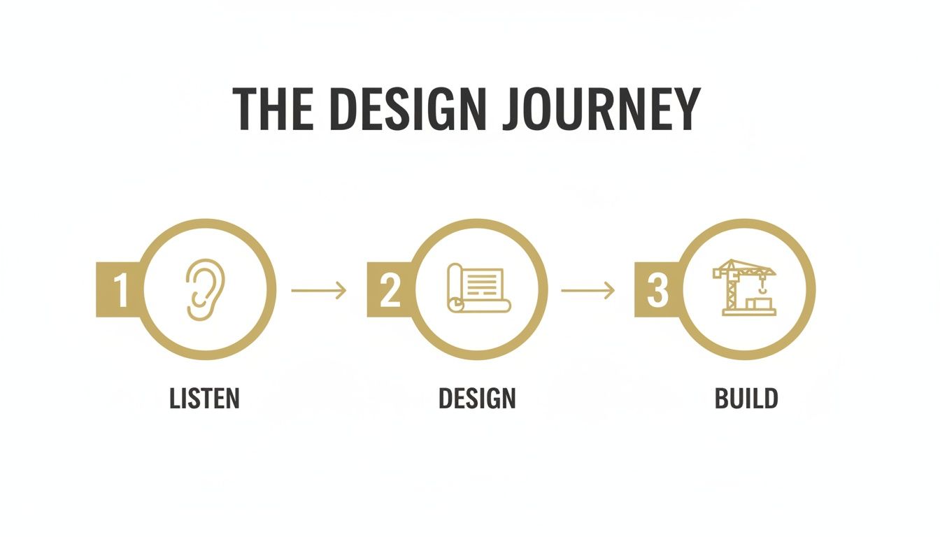 An infographic showing 'The Design Journey' in three steps: 1. Listen (ear icon), 2. Design (blueprint), 3. Build (crane).