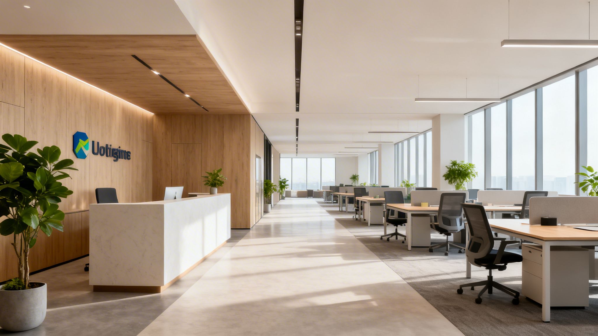 A modern office interior featuring a reception desk, a branded wall, and an expansive open-plan workspace with natural light.