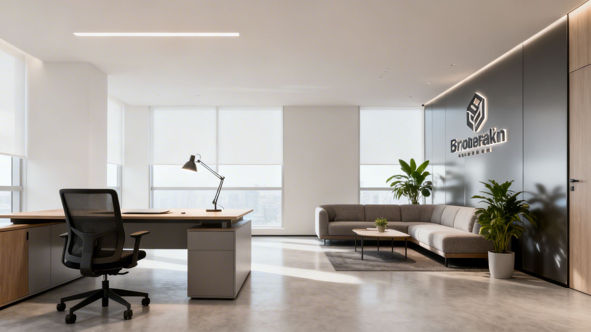 A sleek, modern commercial office interior featuring a desk, ergonomic chair, L-shaped sofa, and branded wall.