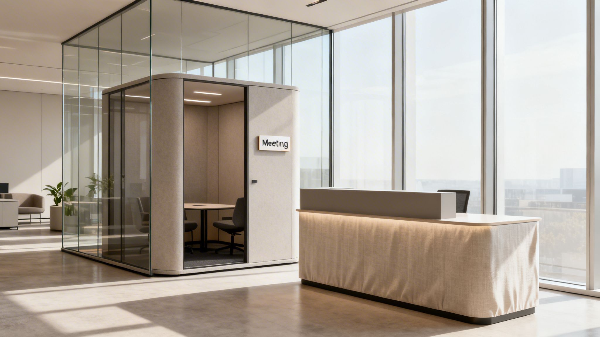 A bright, modern office space with a glass meeting pod, reception desk, and large windows.