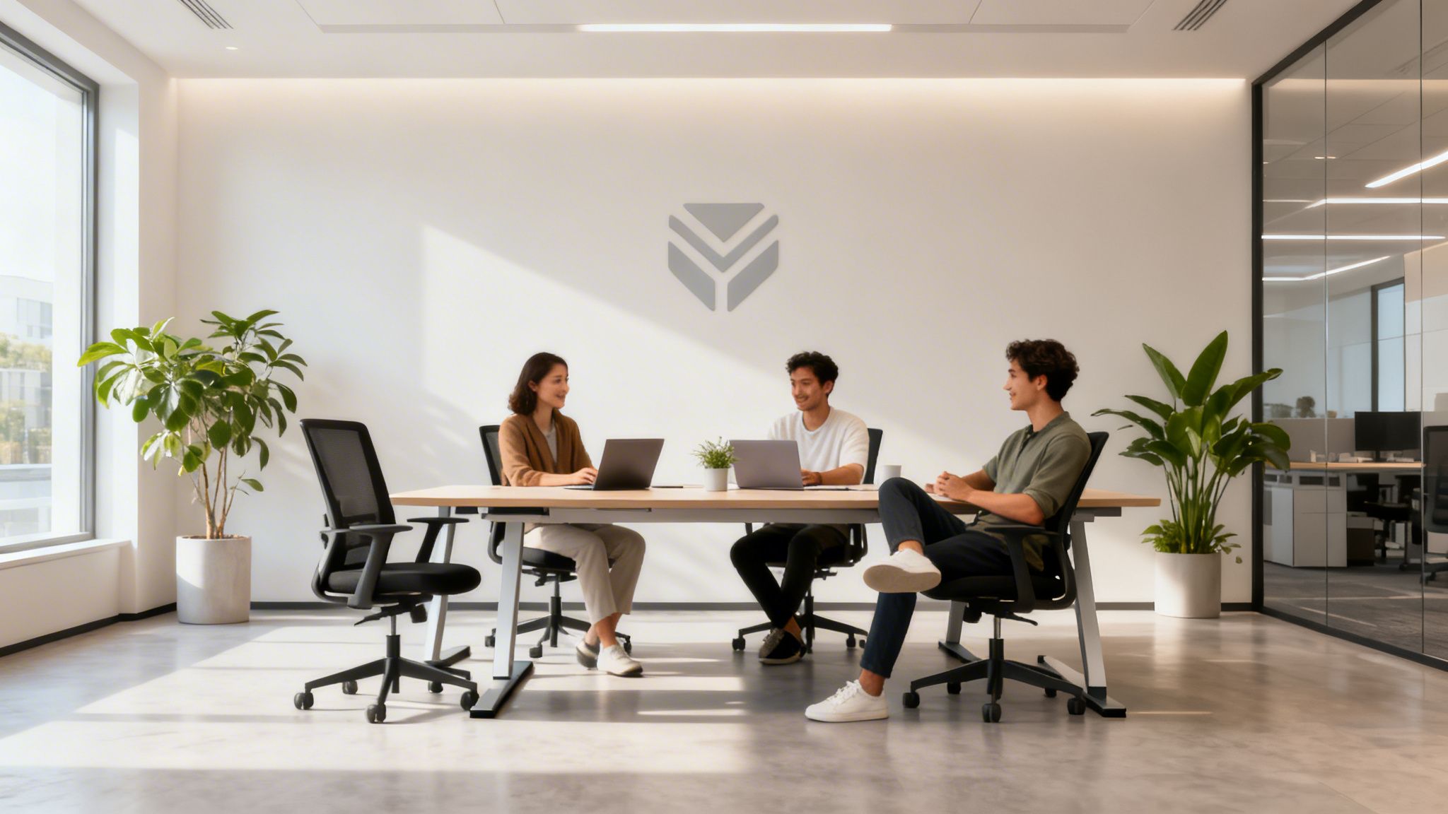 Three people working on laptops at a modern office meeting table in a bright room.