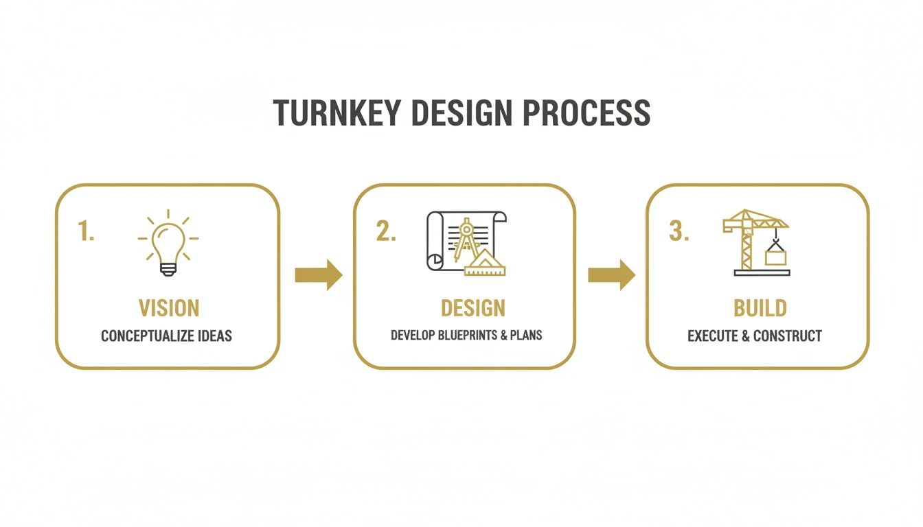 A three-step turnkey design process showing vision, design, and build phases with corresponding icons.