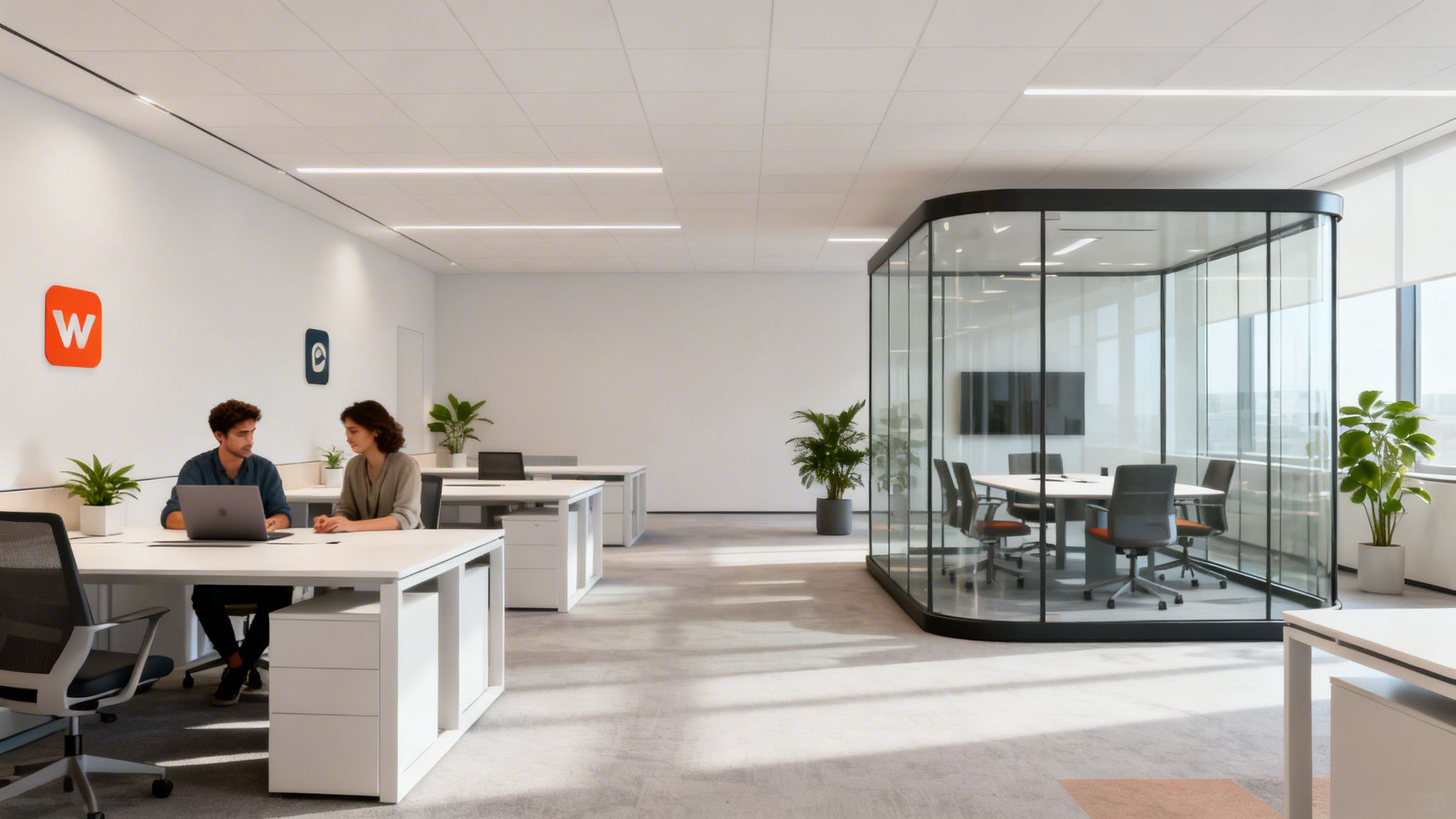 A bright, modern open-plan office space with two people working and a glass meeting room.