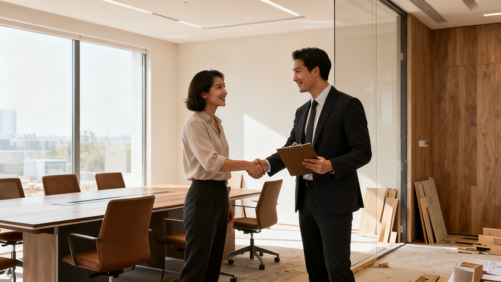 Two smiling business professionals shake hands in a modern office space undergoing renovation.