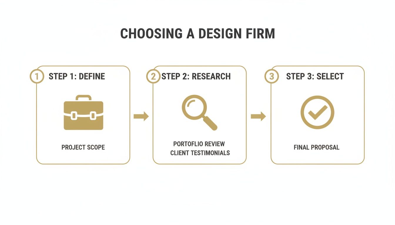 Infographic showing three steps to choosing a design firm: define scope, research, and select.