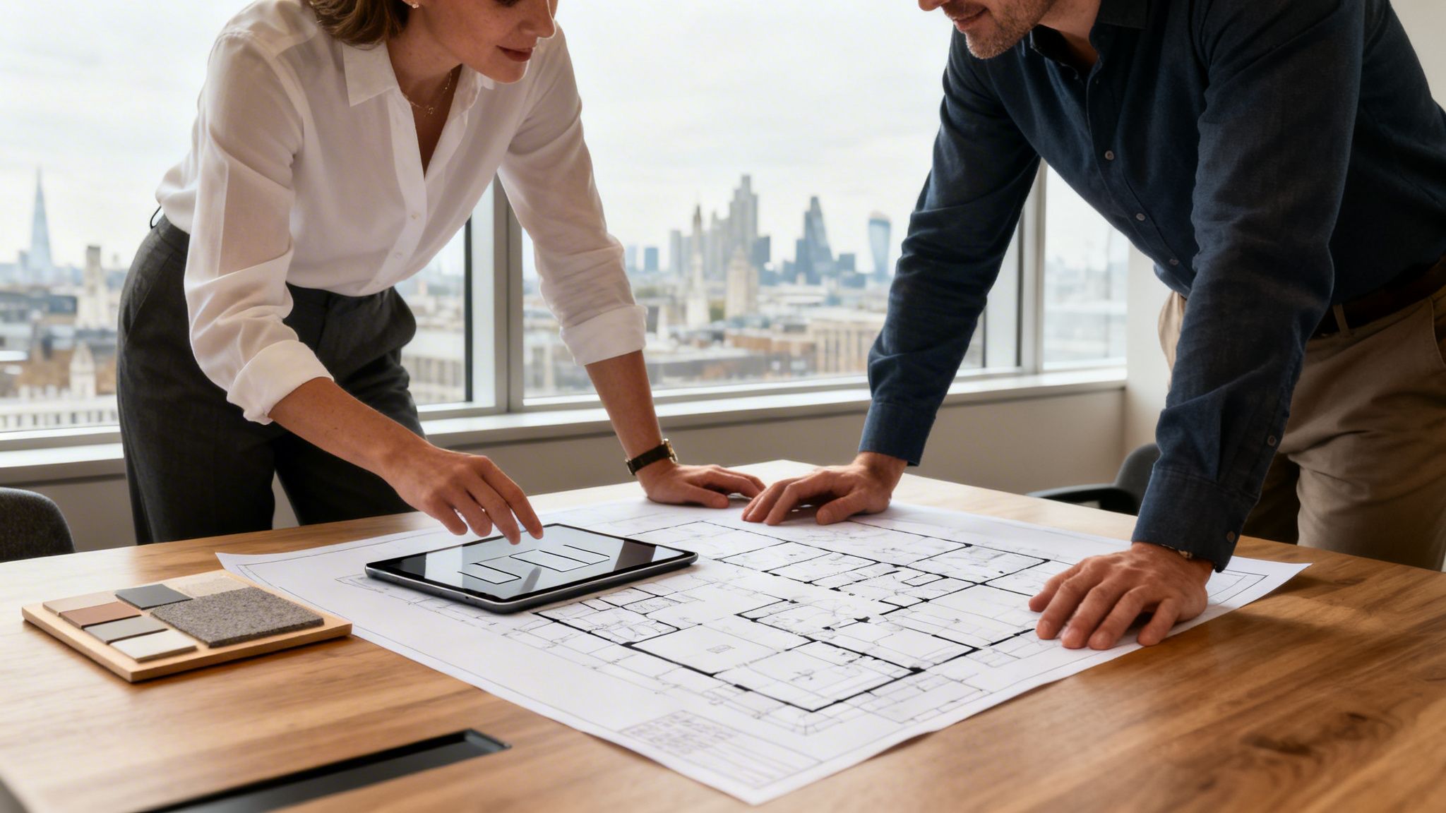 Two architects collaborate on a building plan and tablet with material samples in a modern office.