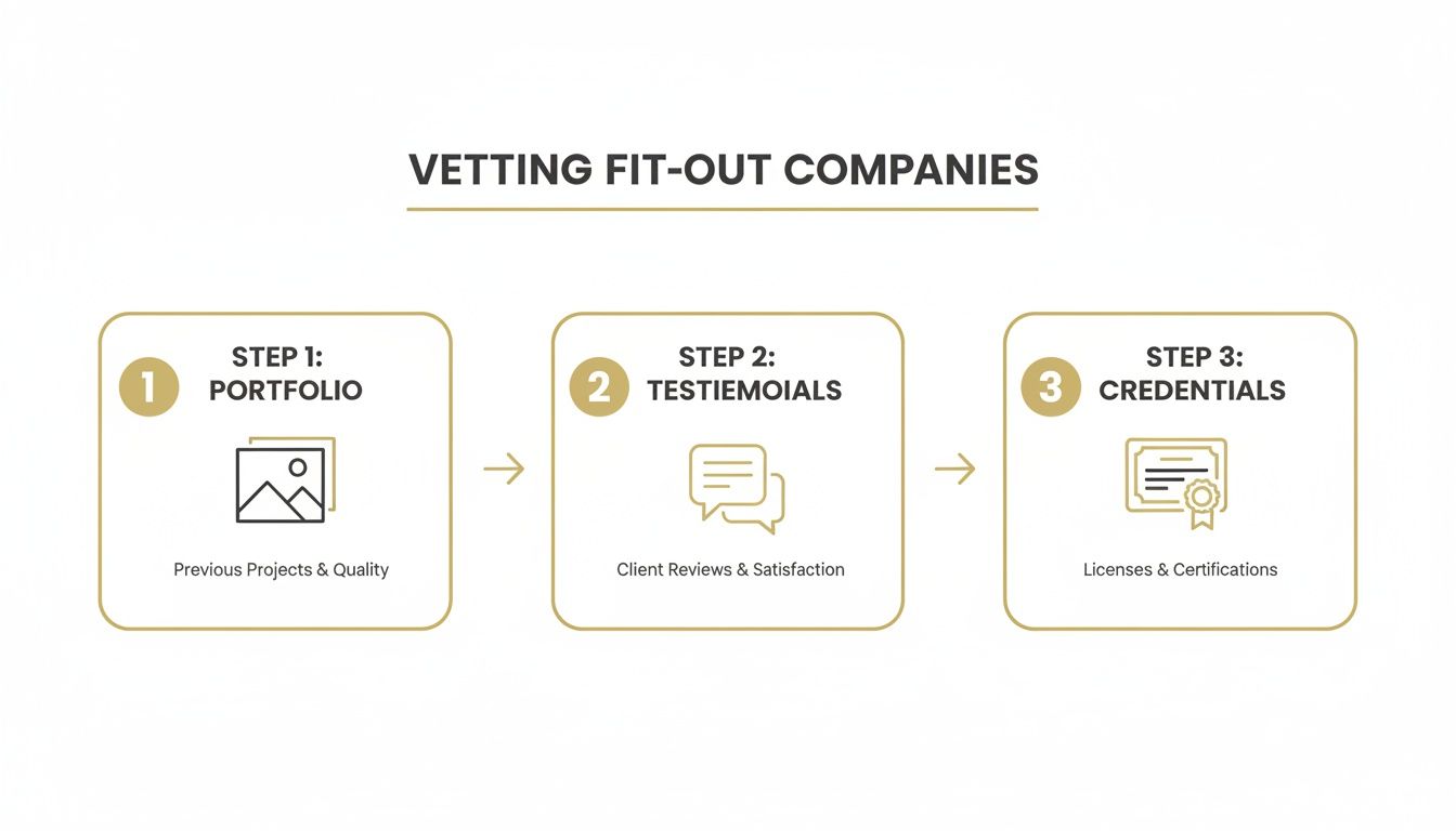 Infographic presenting three essential steps for vetting commercial fit-out companies: portfolio, testimonials, and credentials.