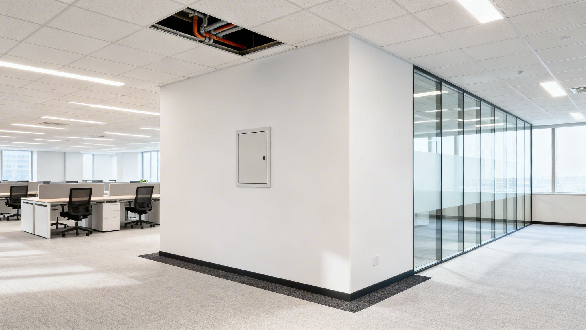 An empty modern office space featuring cubicles, a glass wall, and exposed ceiling pipes.