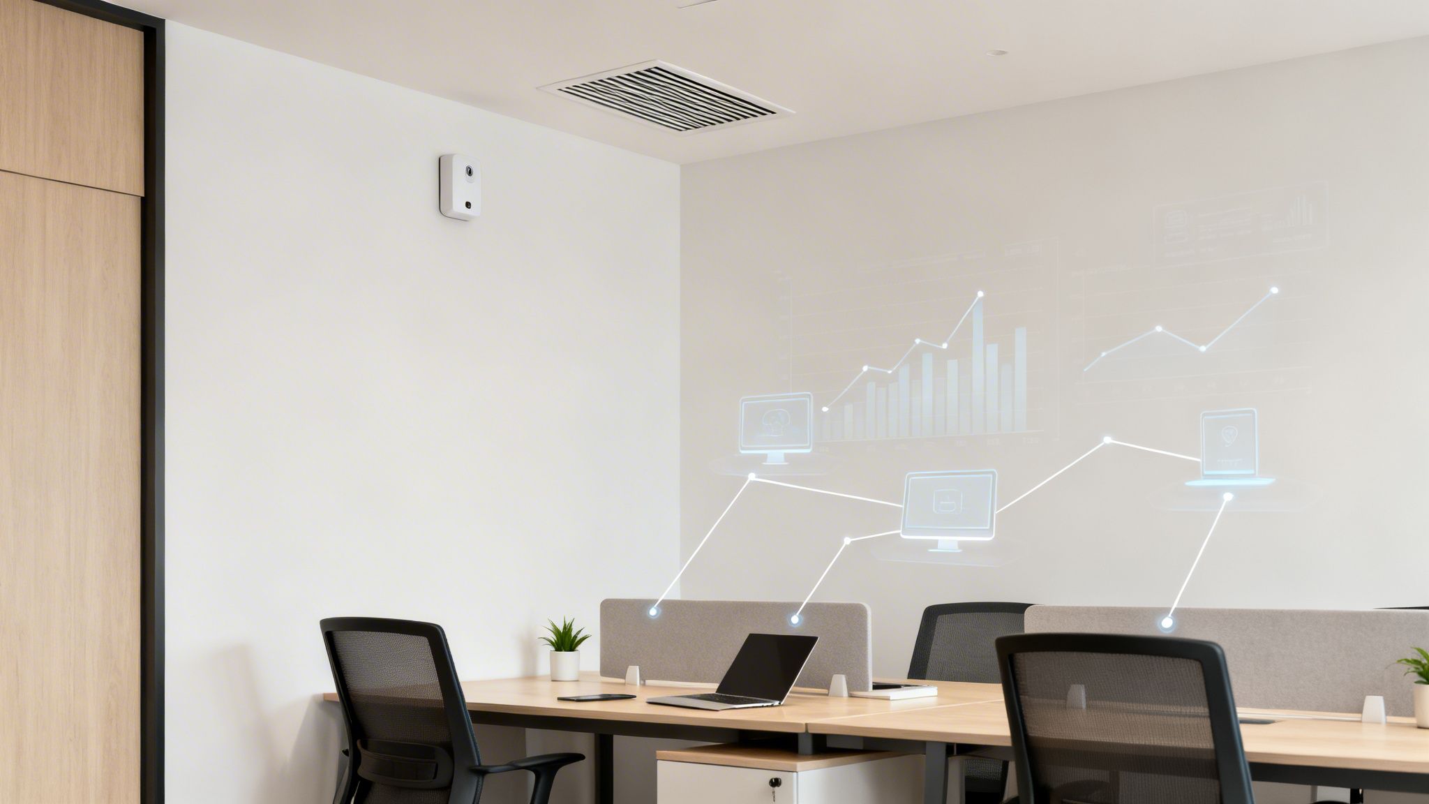 Modern office interior with desks, chairs, and digital graphs projected on a white wall, showing data analysis.