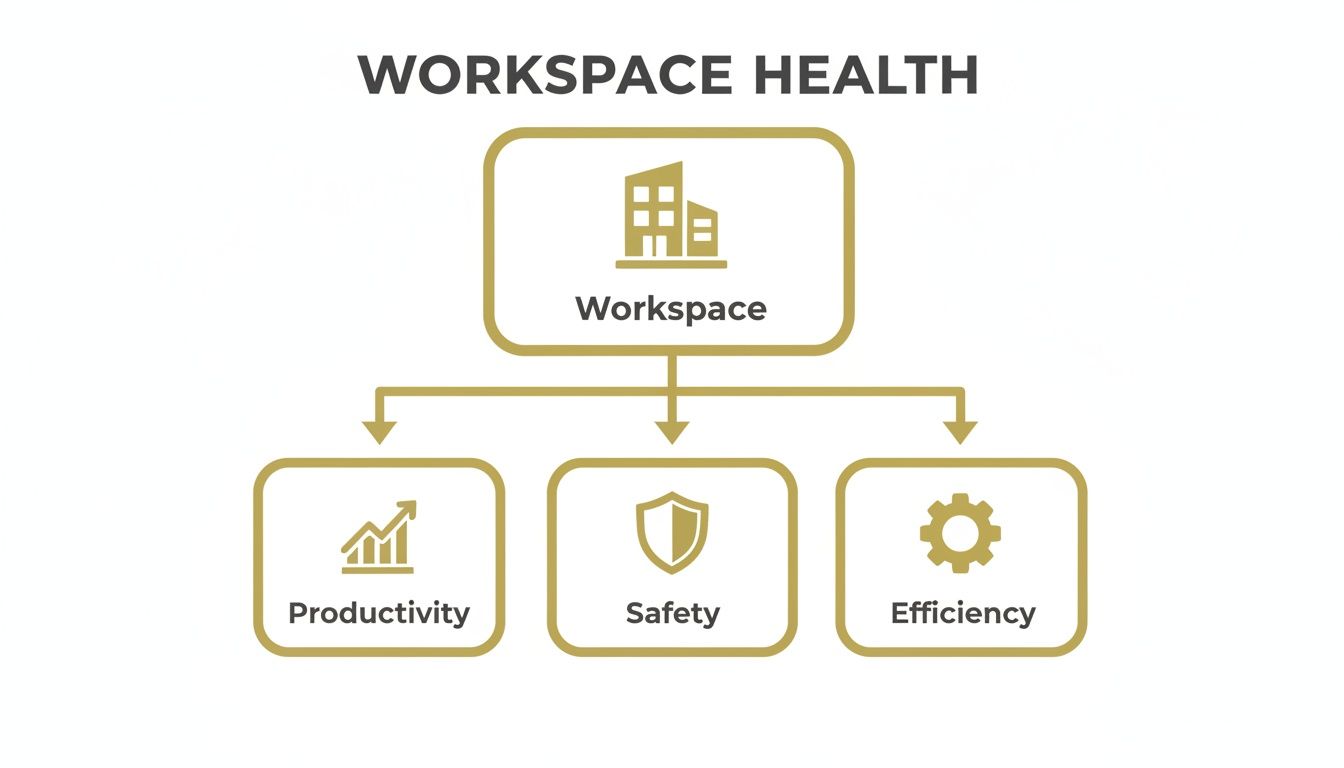 Diagram illustrating workspace health leading to productivity, safety, and efficiency with icons.