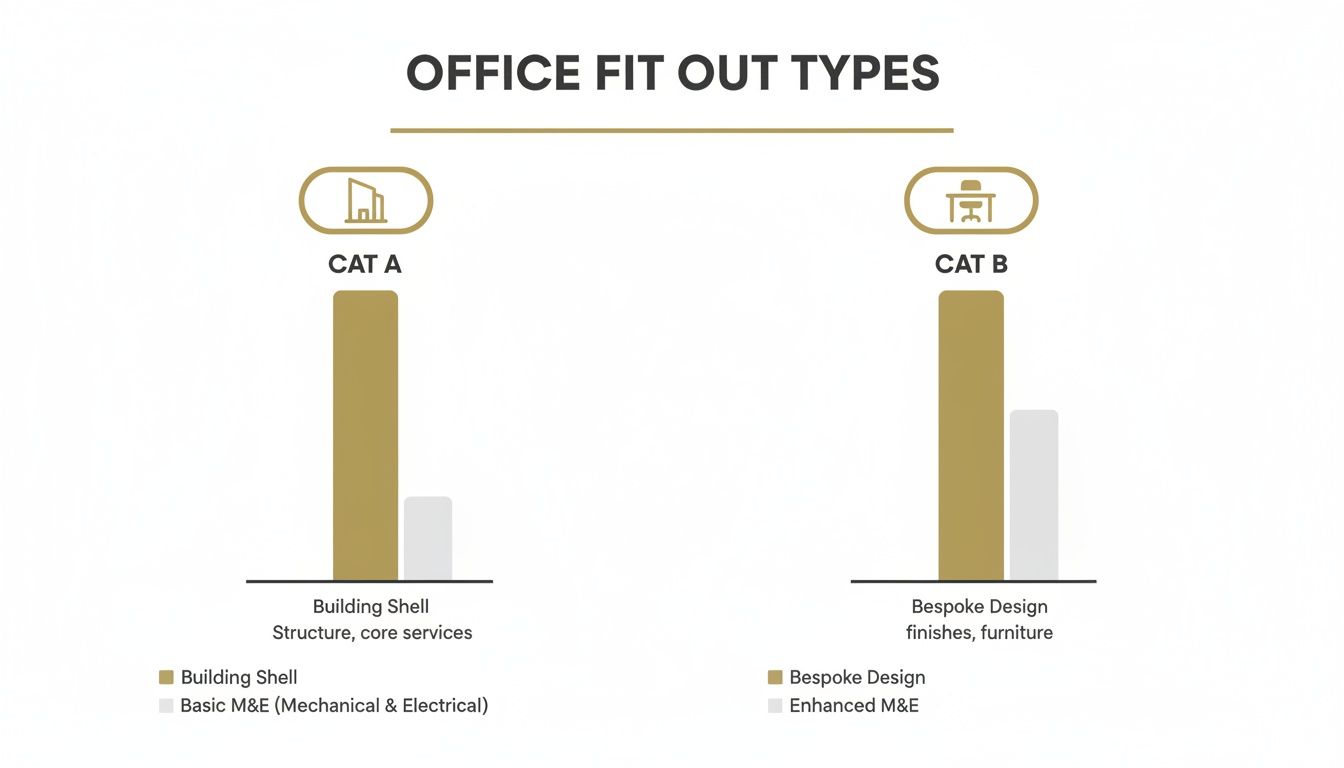 Bar chart comparing components of Category A and Category B office fit out types.