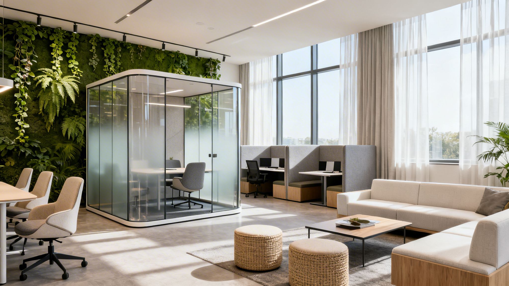 Modern office interior with green wall, glass meeting pod, work booths, and lounge area.