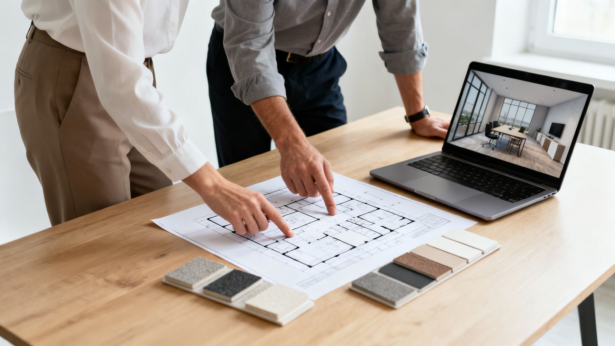 Two designers discuss office layout, reviewing blueprints, material samples, and a laptop with a 3D rendering.