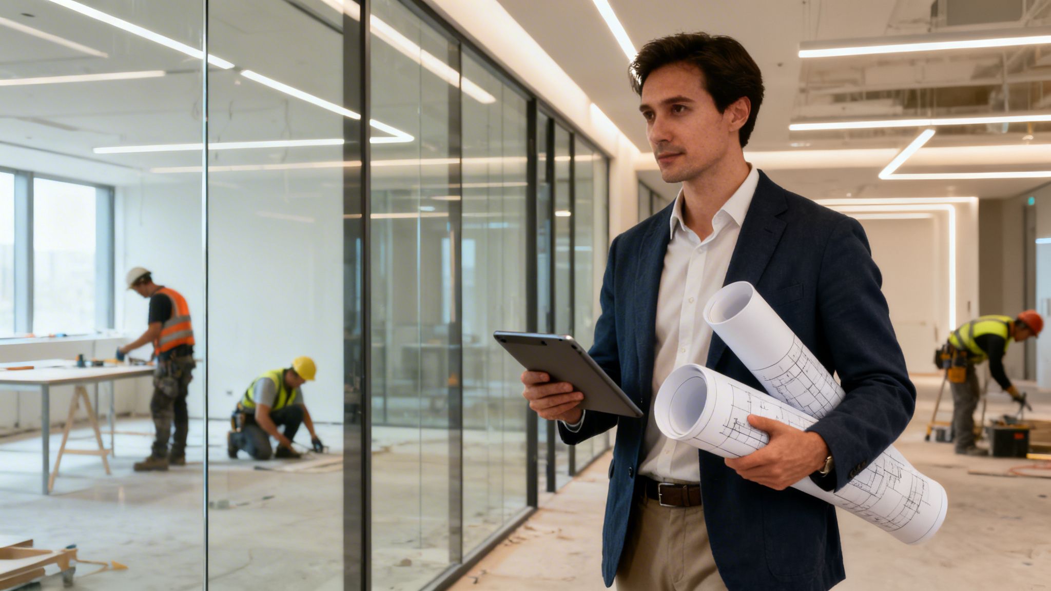 Architect holding tablet and blueprints oversees workers at an office construction site.