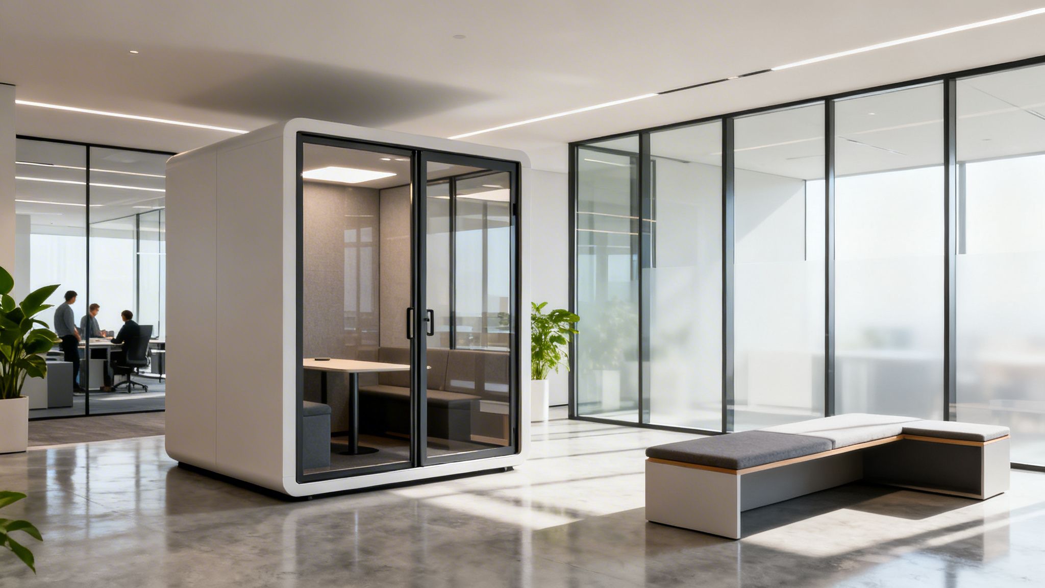 A modern open-plan office featuring a white soundproof meeting pod, glass walls, and collaborative seating.