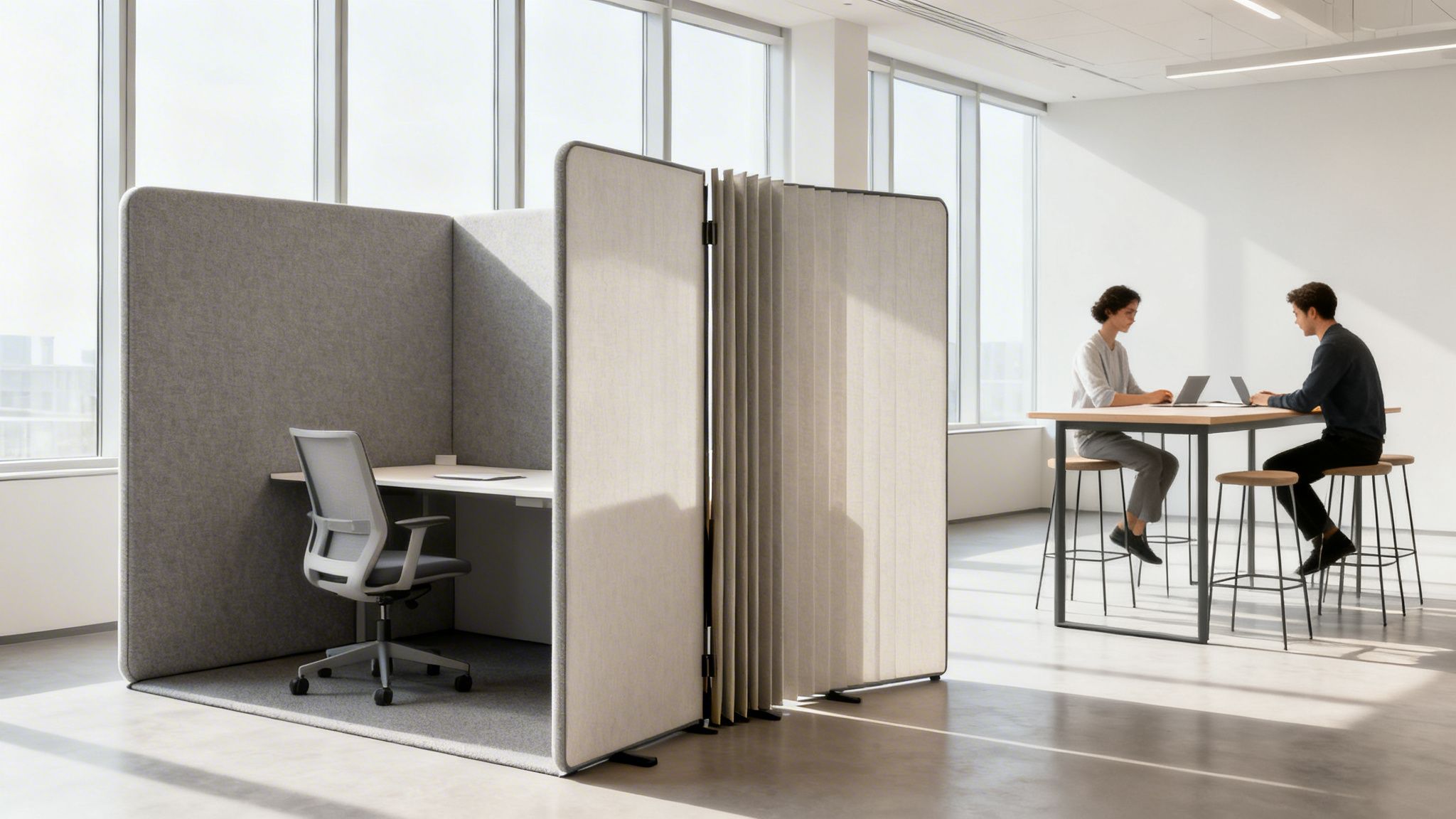 Modern office space featuring a private grey fabric workstation booth, and two people working at a tall table.
