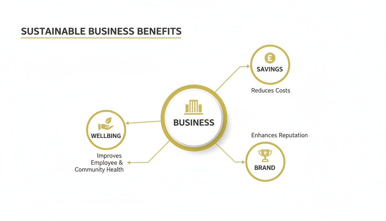 Diagram outlining sustainable business benefits: reduced costs (savings), improved wellbeing, and enhanced brand reputation.