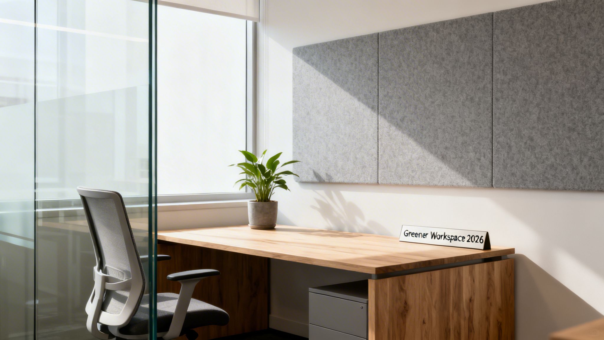 A modern office workspace with a wooden desk, an ergonomic chair, a plant, and a 'Greener Workspace 2026' sign.