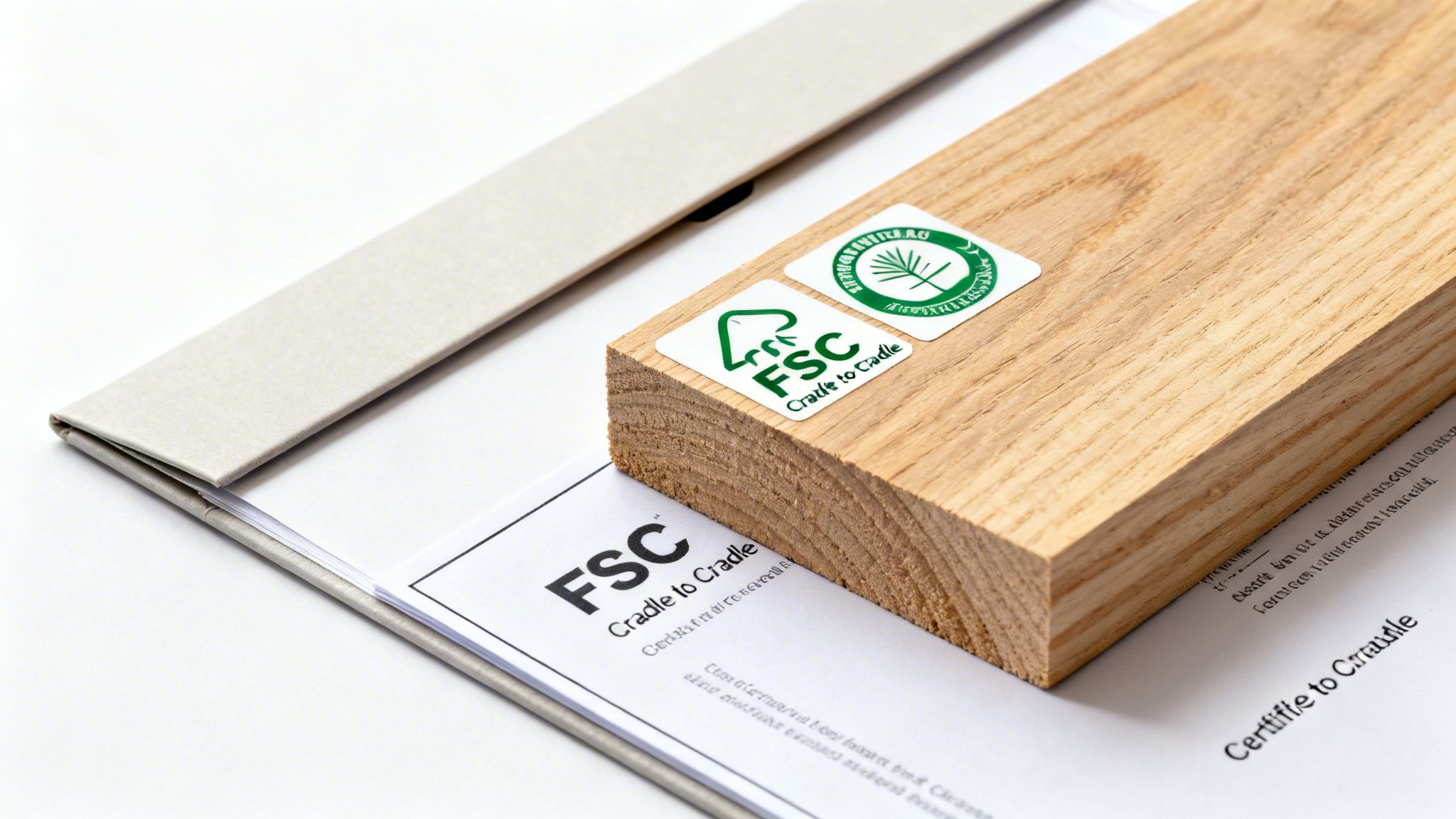 Wood block and document displaying FSC Cradle to Cradle sustainability certifications.