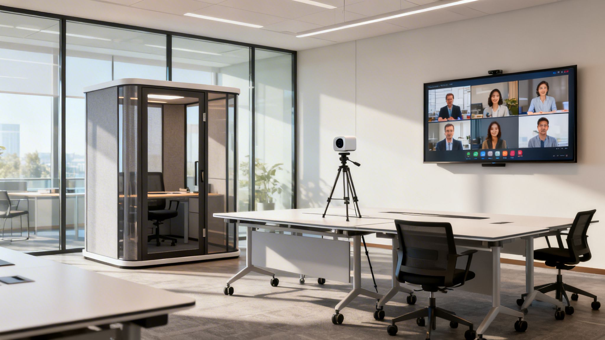 Modern office meeting room featuring a large screen with a video conference, a camera, tables, and a private soundproof booth.