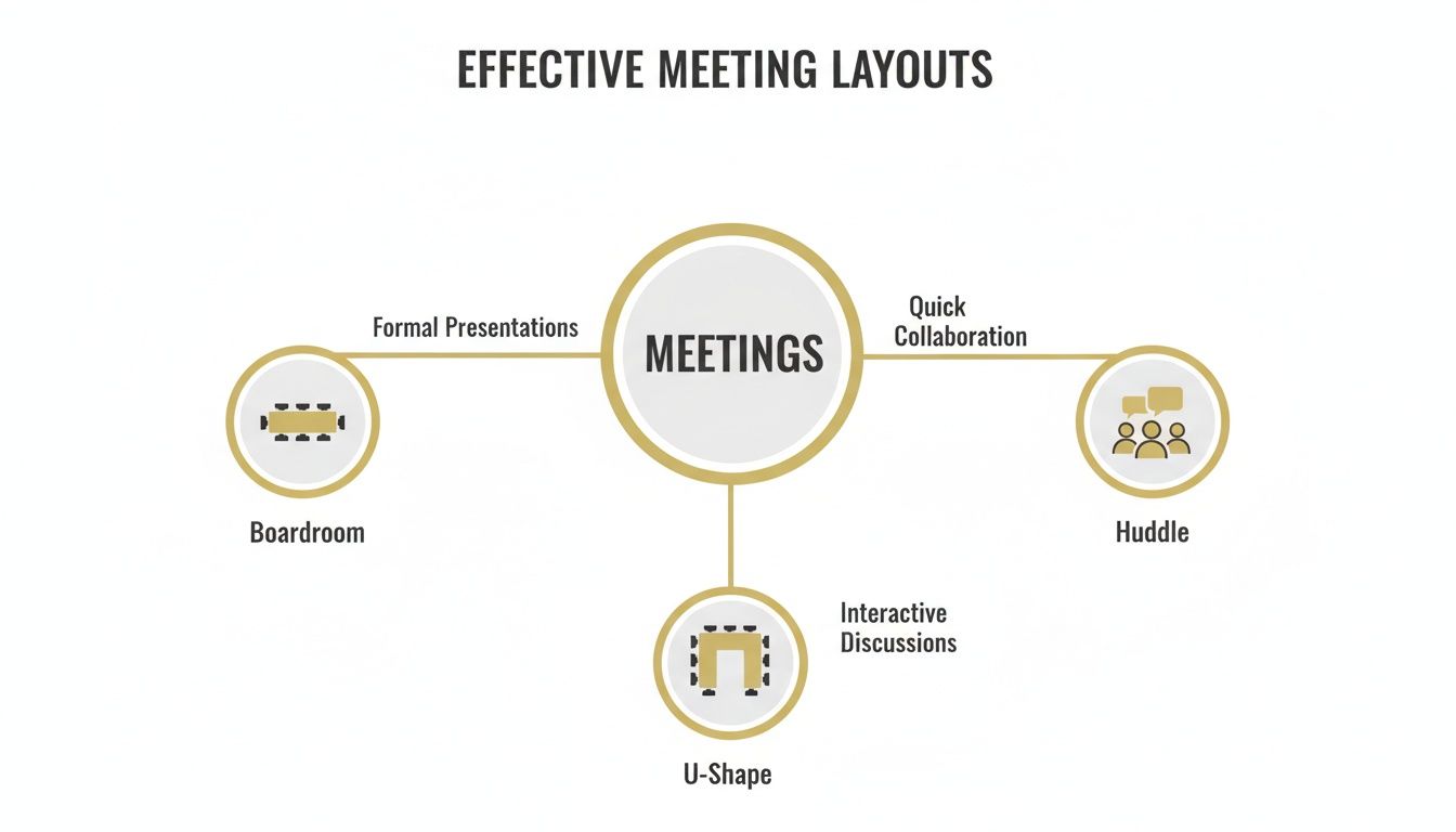 Diagram showing effective meeting layouts: Boardroom for presentations, Huddle for collaboration, U-Shape for discussions.