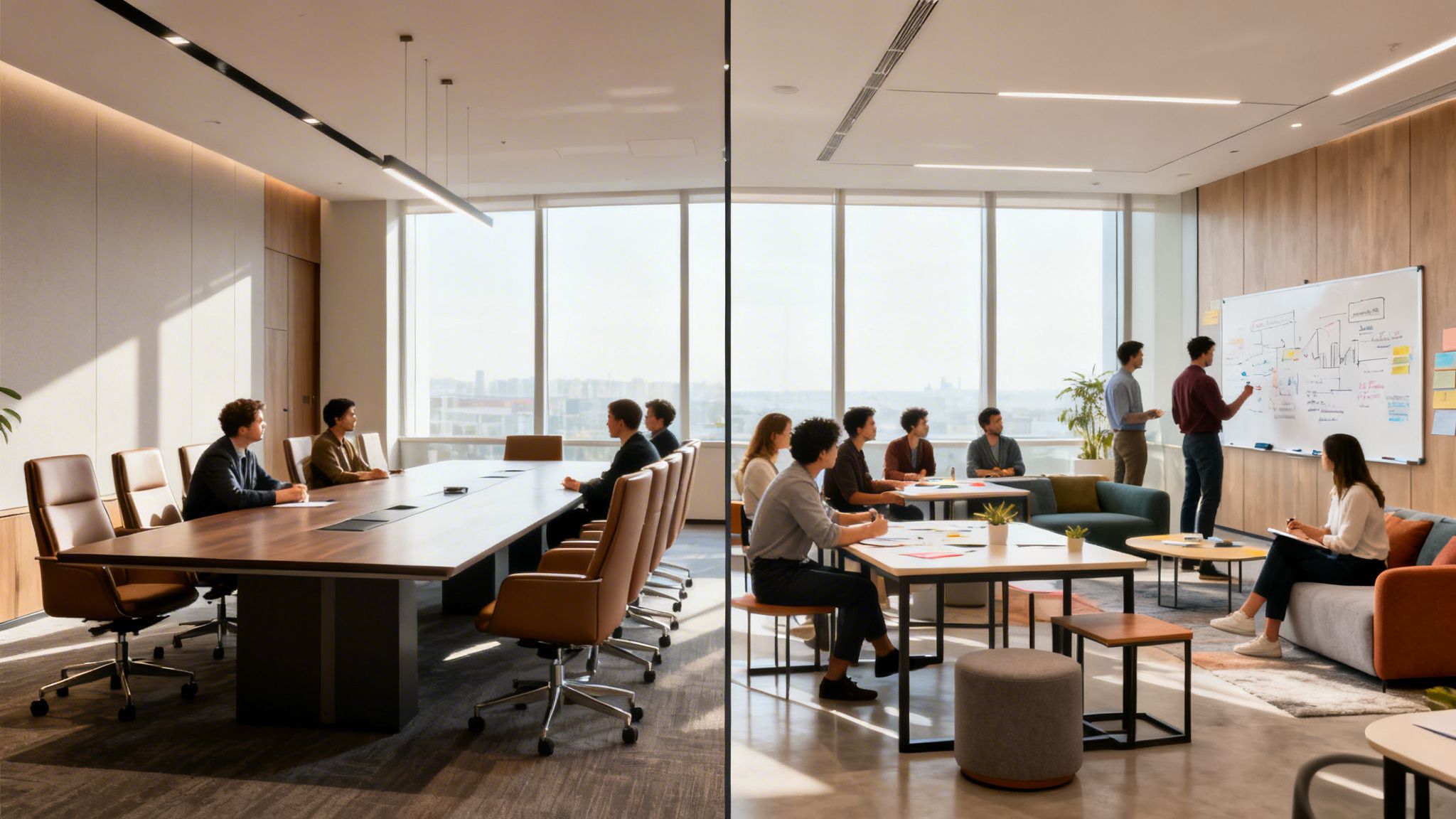 Two distinct modern office meeting room layouts: a formal conference setup and a collaborative open space.