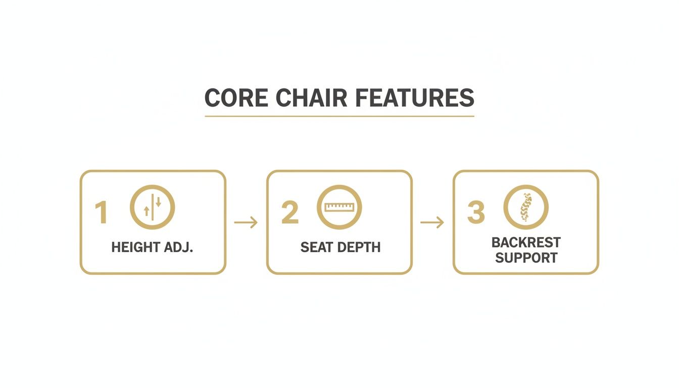 An infographic illustrating core chair features: height adjustment, seat depth, and backrest support.
