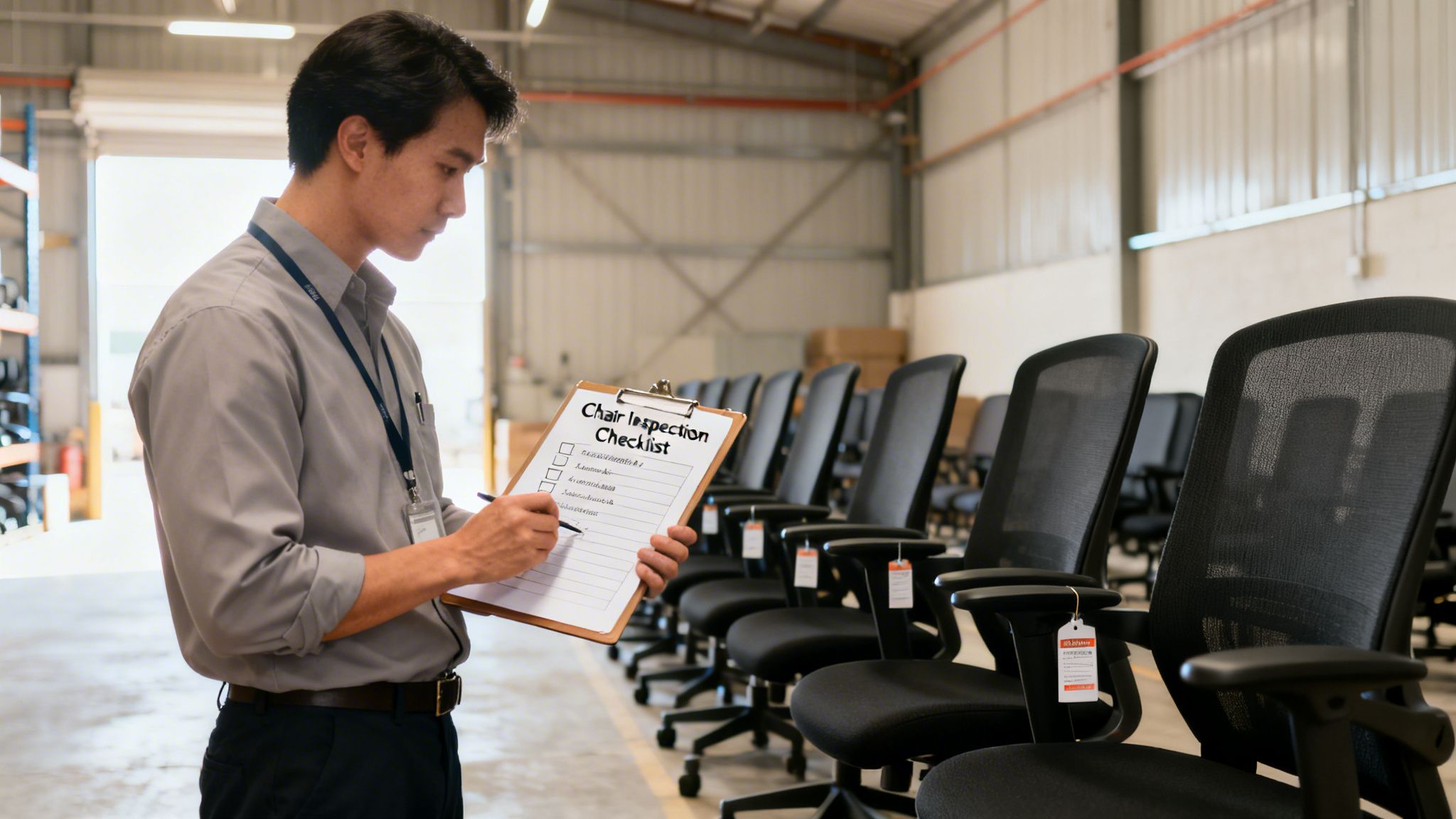 A man inspects black office chairs using a checklist on a clipboard in a warehouse.