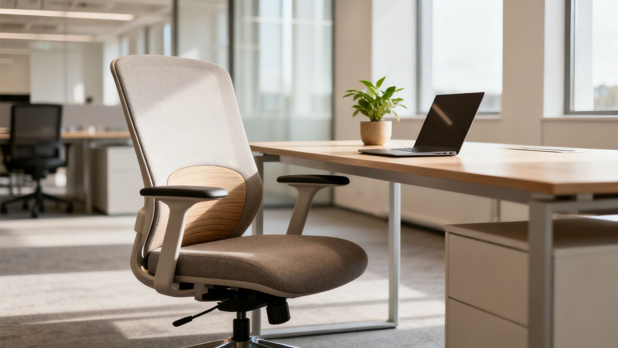 A modern, ergonomic office chair with light fabric and wooden details in a bright office.