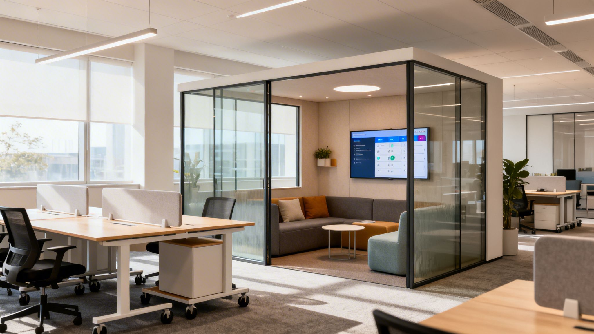 Bright, modern office interior featuring open-plan workstations and a glass-walled collaborative lounge area.