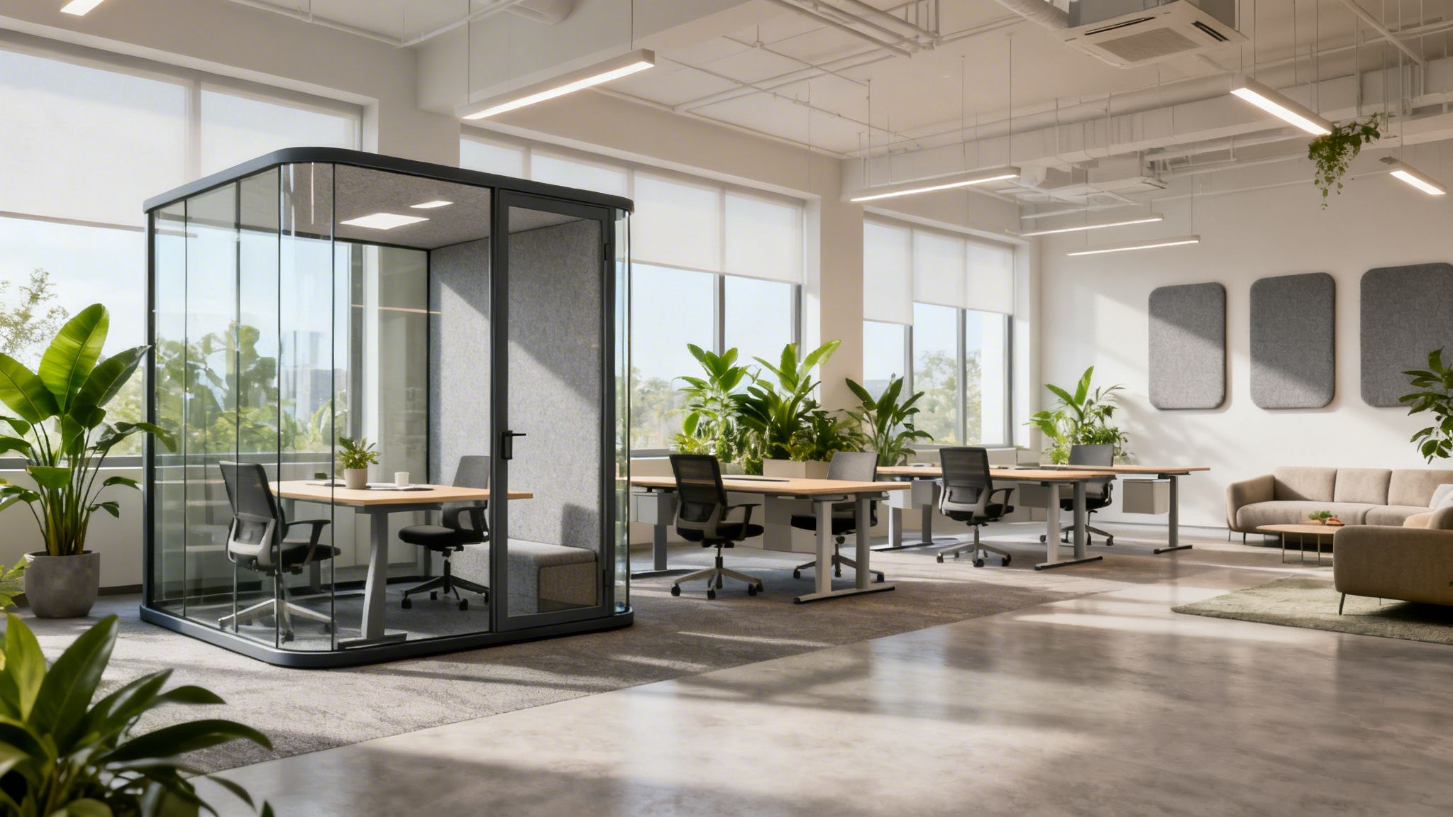 A modern, bright office interior featuring a glass meeting pod, open-plan desks, and a lounge area.