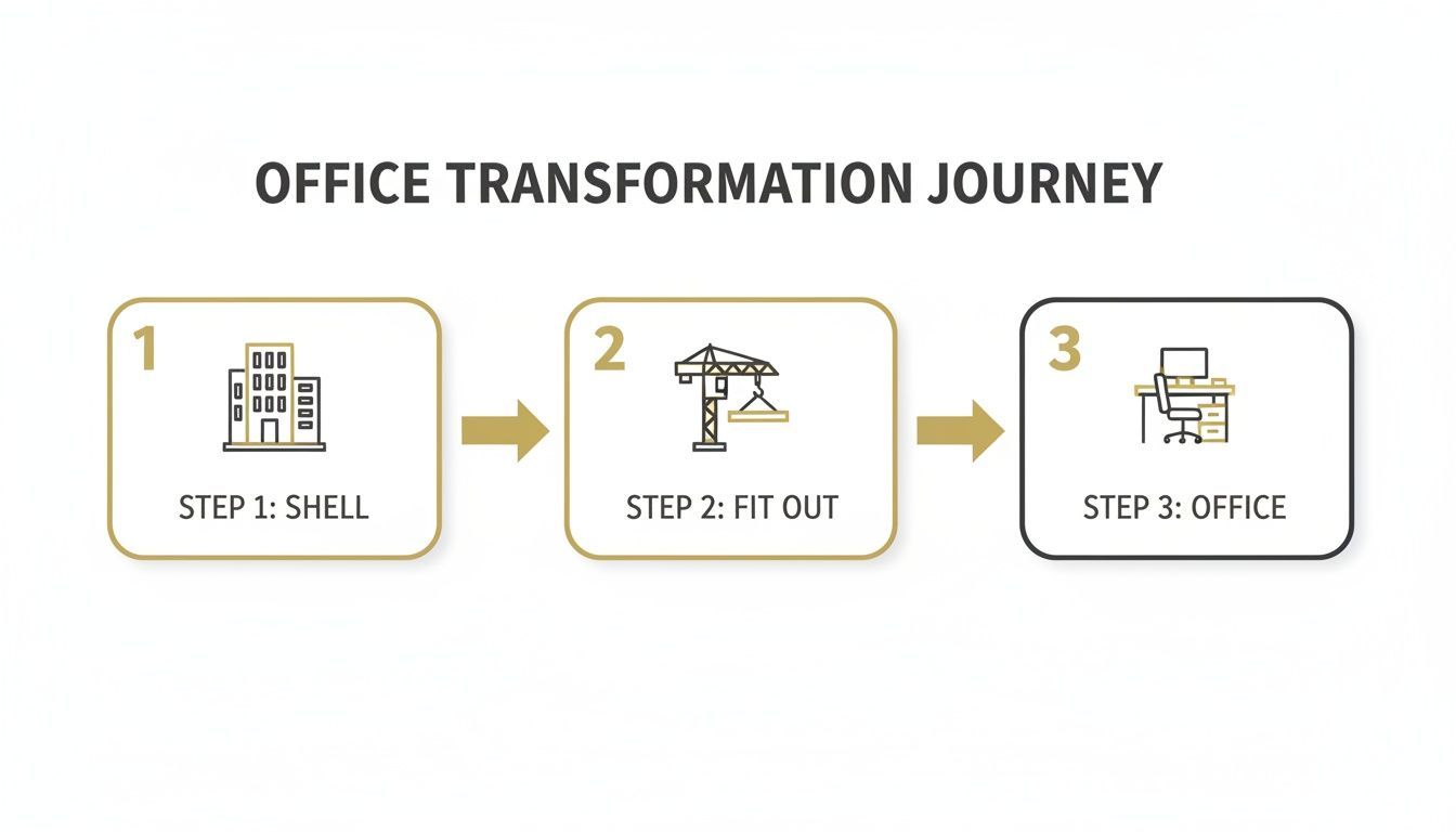 An infographic illustrating the three-step office transformation journey: from shell building to fit out construction and a finished office space.