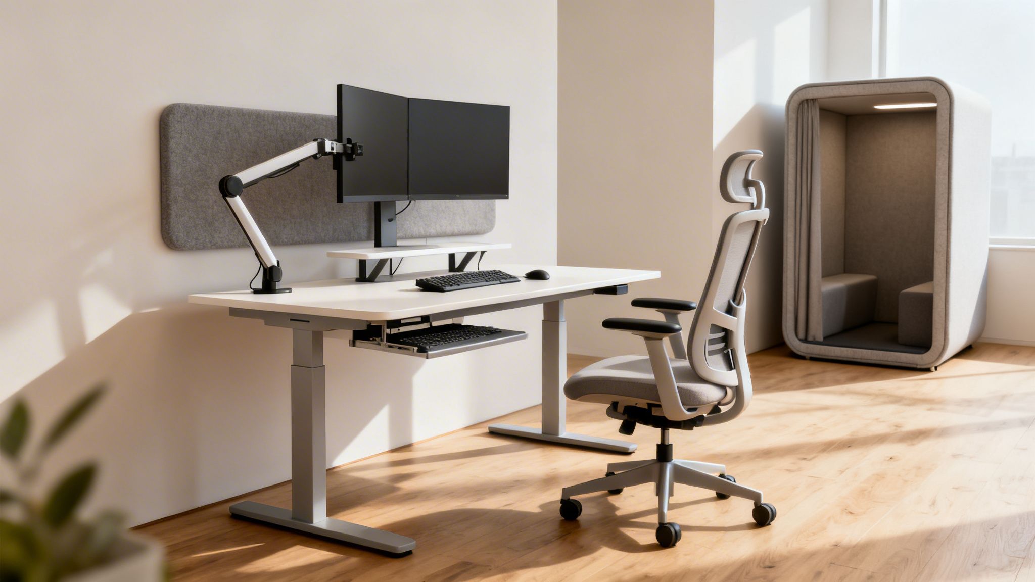 A modern ergonomic home office setup with a standing desk, dual monitors, and a privacy pod.