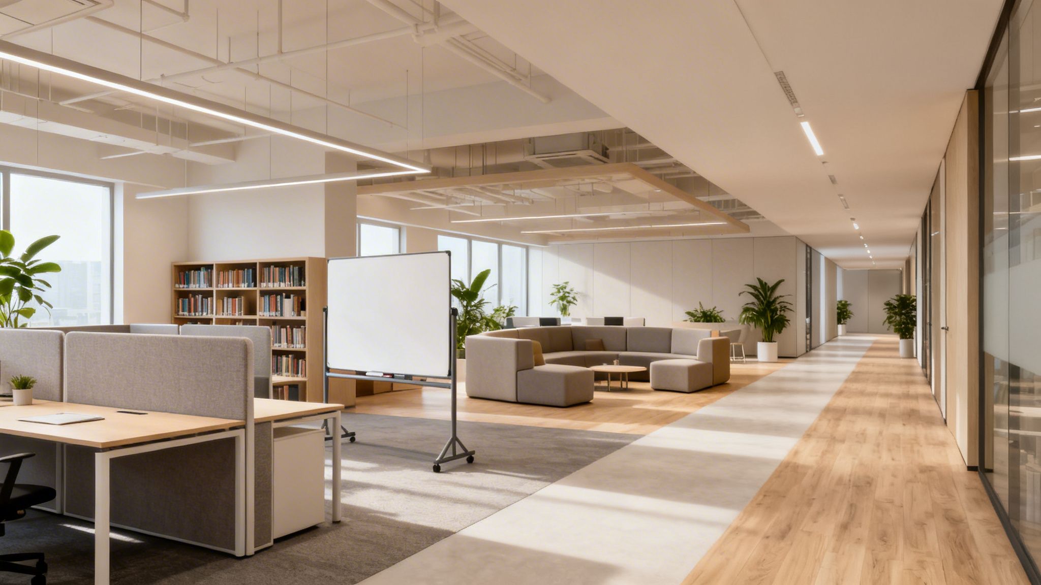 A bright, spacious modern office featuring individual workstations, a lounge area, bookshelf, and a long hallway.