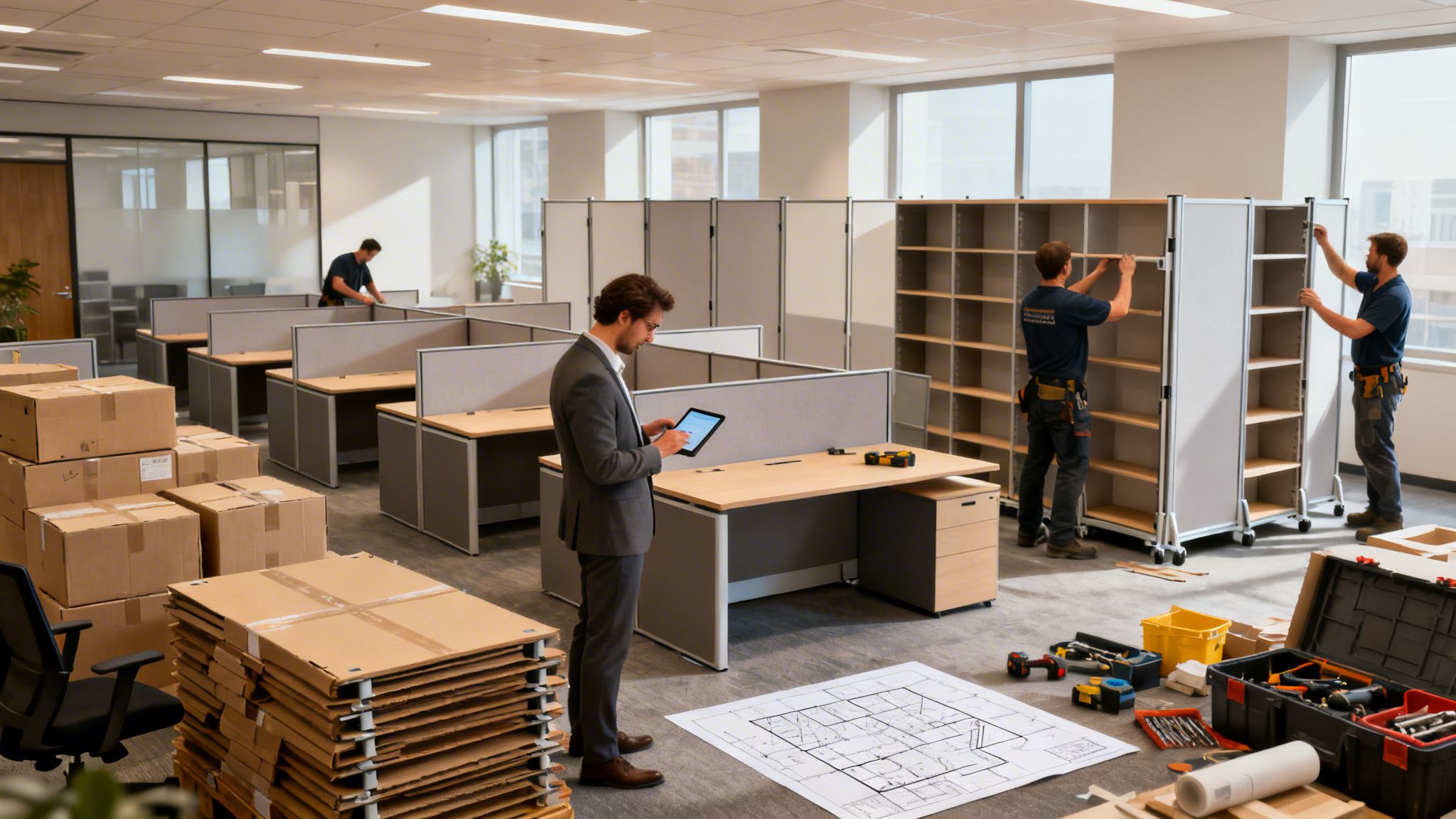 Team of workers installing and arranging new office furniture and cubicles, with a manager supervising.