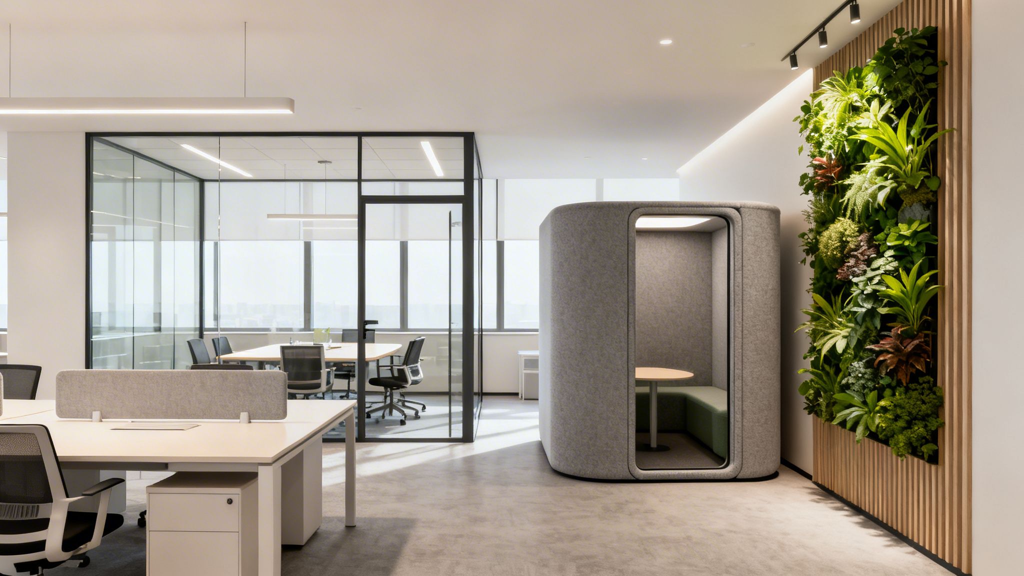 Modern office interior featuring open workstations, a glass meeting room, a privacy booth, and a vertical garden.