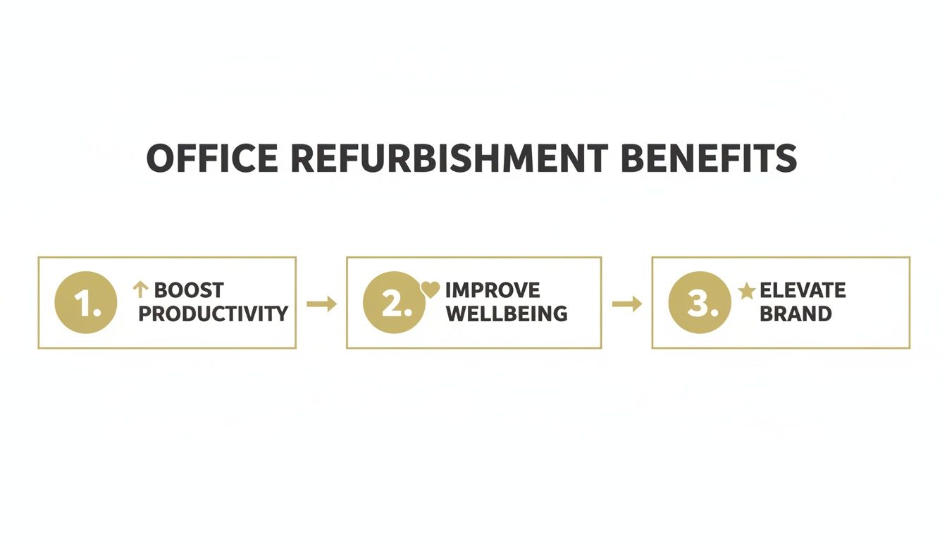A diagram illustrating the three key benefits of office refurbishment: boosting productivity, improving wellbeing, and elevating brand.