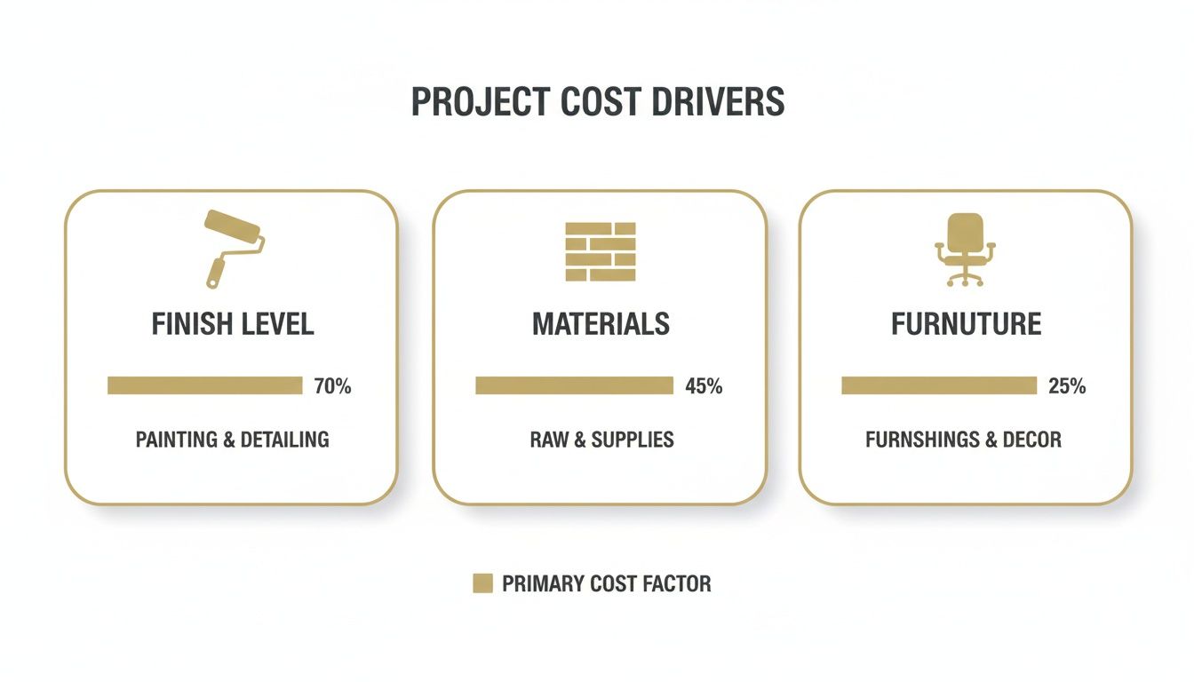 Infographic detailing project cost drivers: finish level (70%), materials (45%), and furniture (25%).