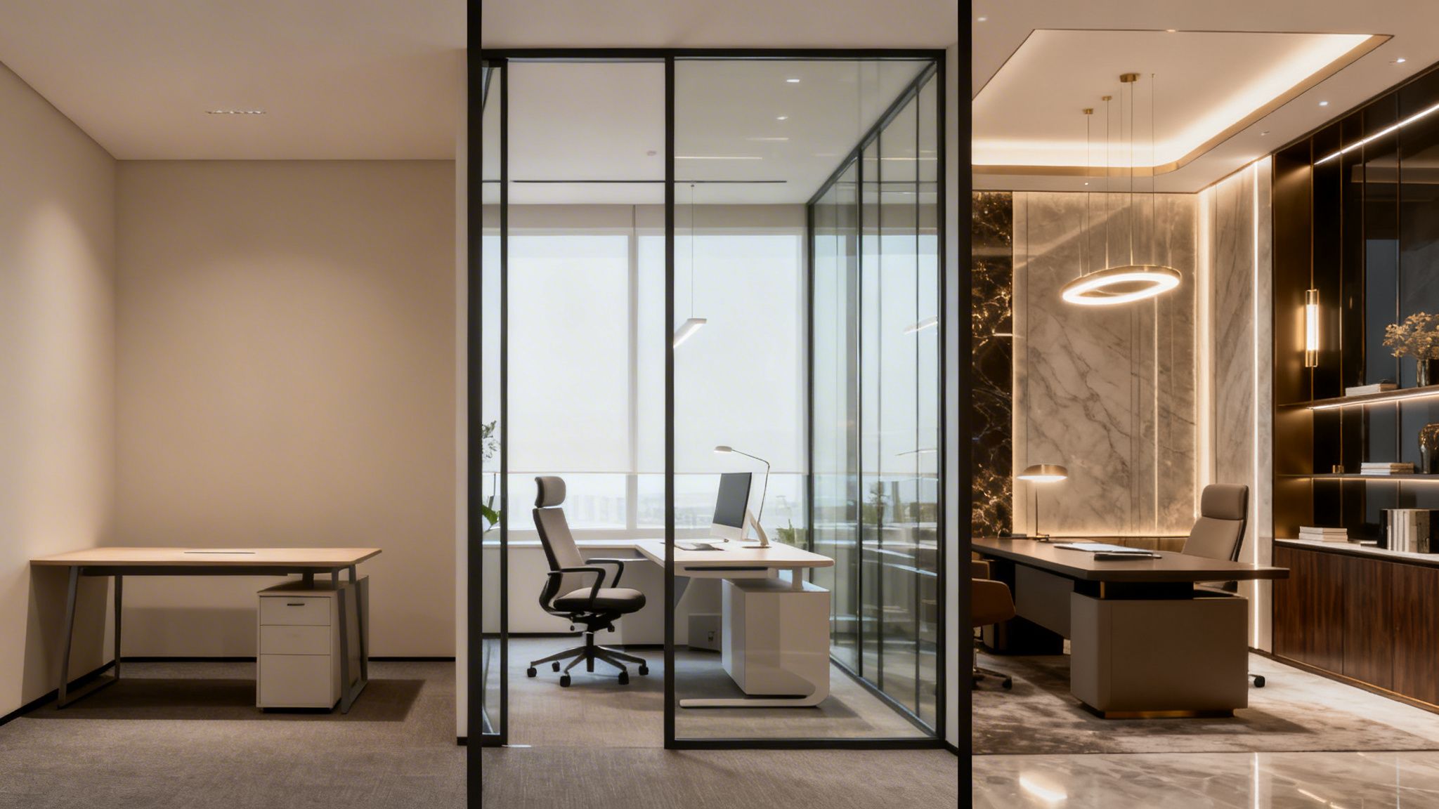 Spacious modern office with glass partitions separating an empty desk and two stylish workspaces.