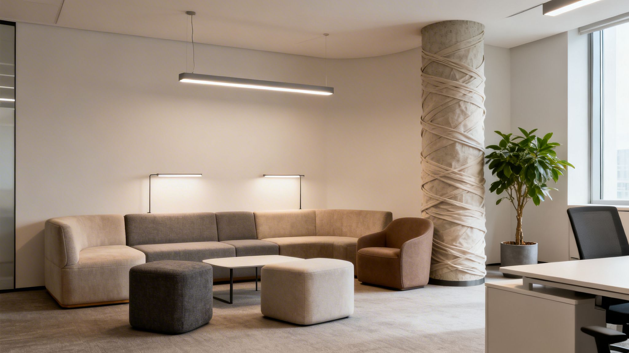 Modern office lounge with a sectional sofa, armchairs, ottomans, linear lighting, and a decorative column.