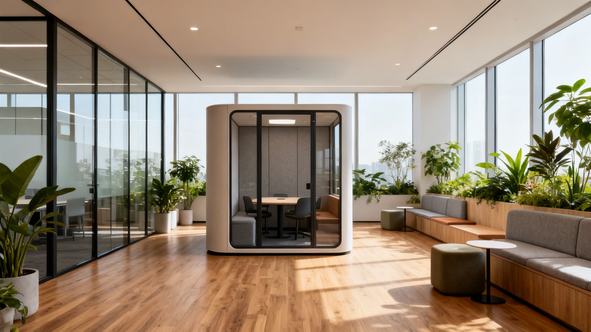 A sleek, modern office with a private meeting pod, glass walls, wooden floor, and abundant indoor plants.