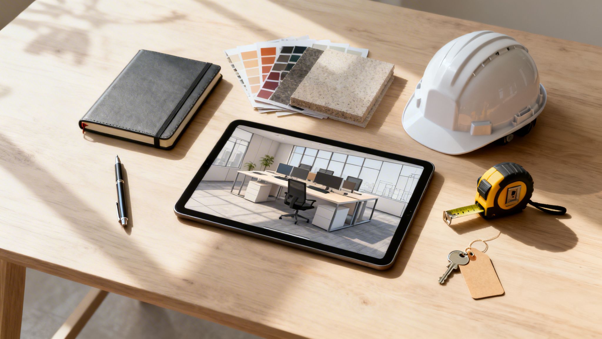Overhead view of a desk with a tablet displaying an office design, material samples, hard hat, and measuring tools.