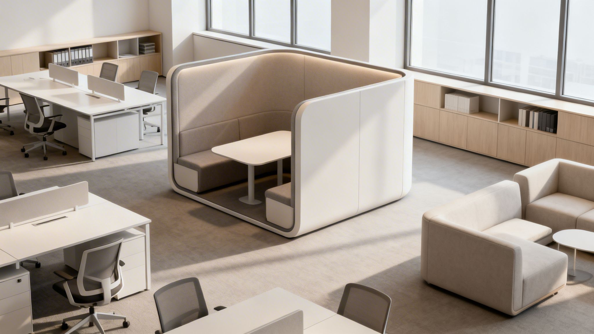 Modern open-plan office interior with desks, ergonomic chairs, private booth, and lounge area.