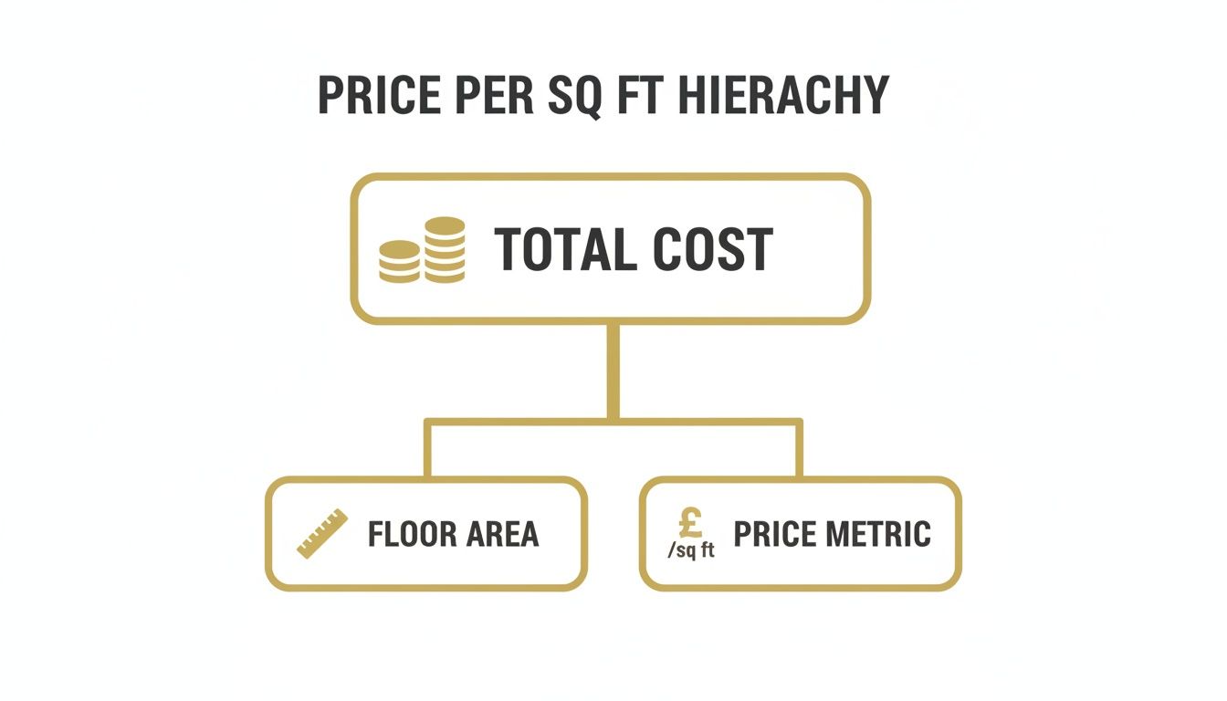 A hierarchy diagram illustrating the price per square foot, showing total cost derived from floor area and price metric.